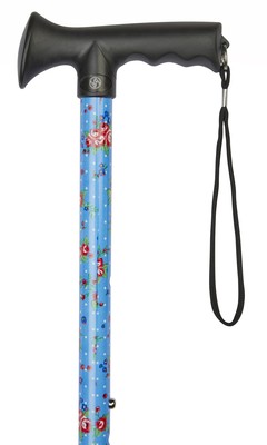 Blue Floral Pattern Adjustable Stick With Gel Grip Handle